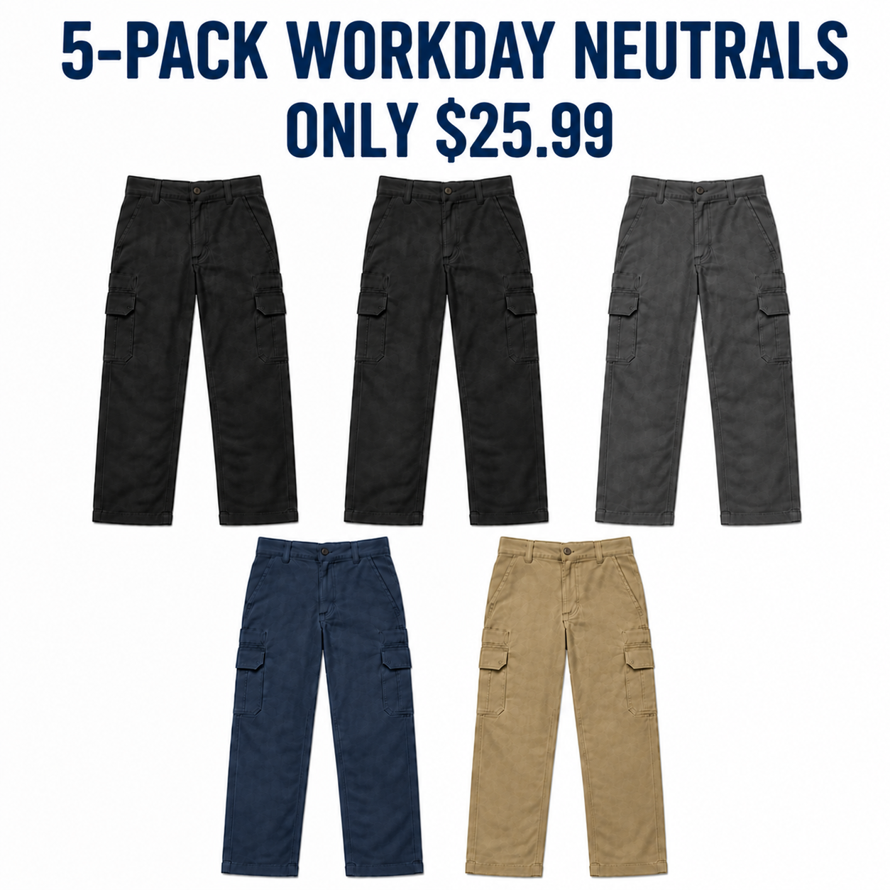 5-Pack Workday Neutrals cargo work pants