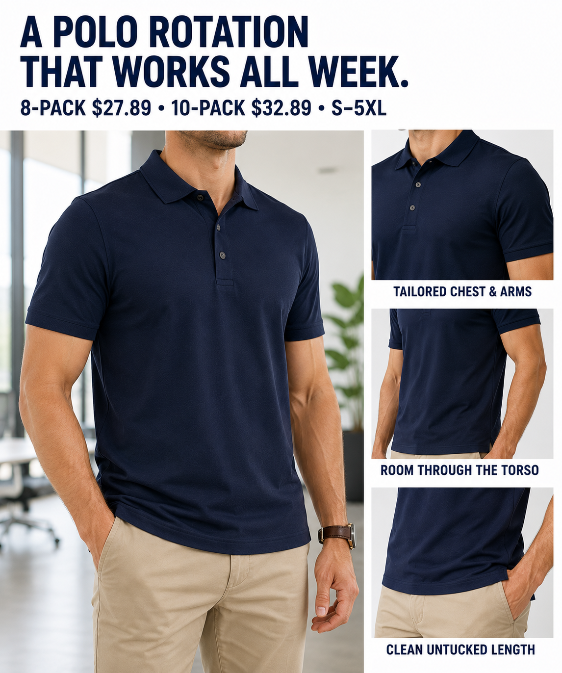 Classic polo multipack value athletic fit and untucked length overview