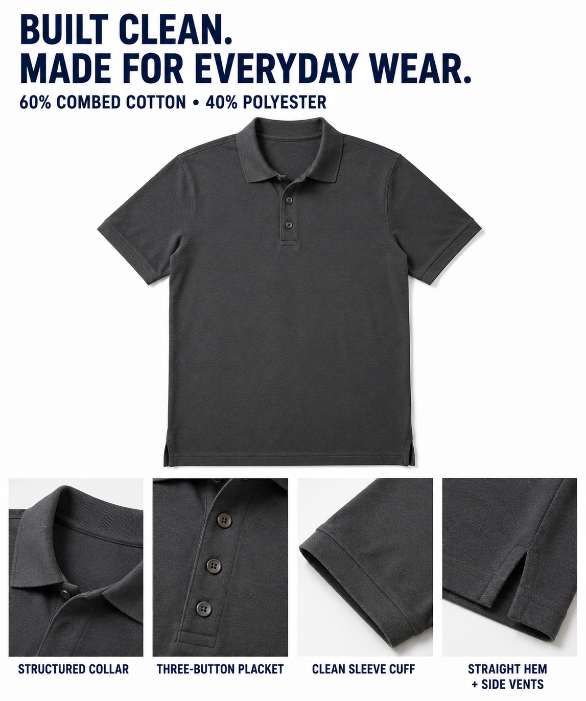 Classic polo cotton-blend construction collar placket cuff and vented hem