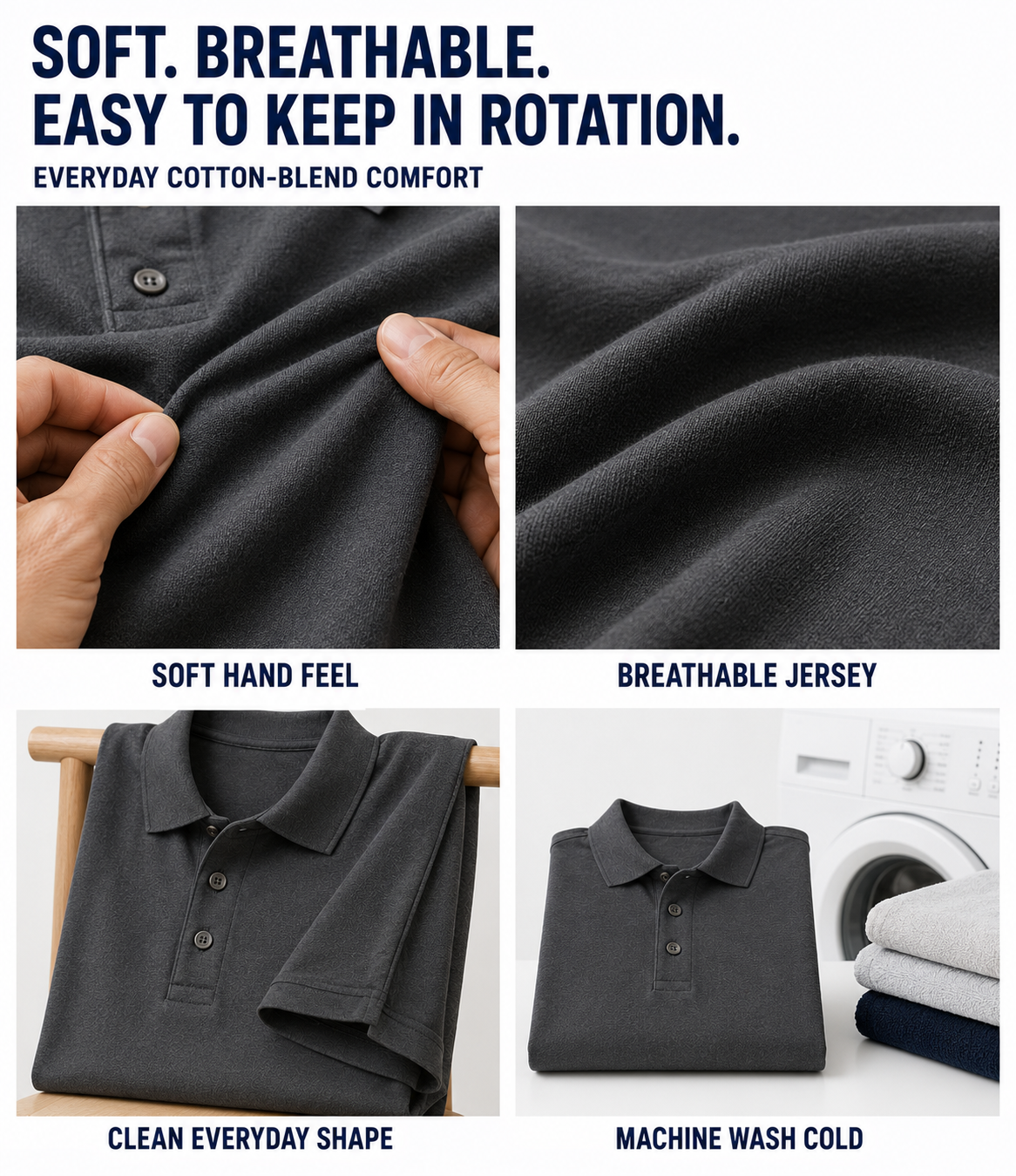 Soft breathable cotton-blend polo comfort shape and machine-wash care