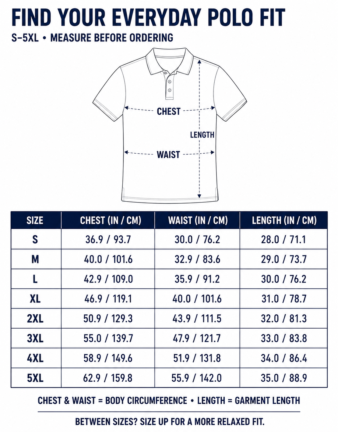 Classic athletic-fit polo chest waist and garment-length size chart S through 5XL