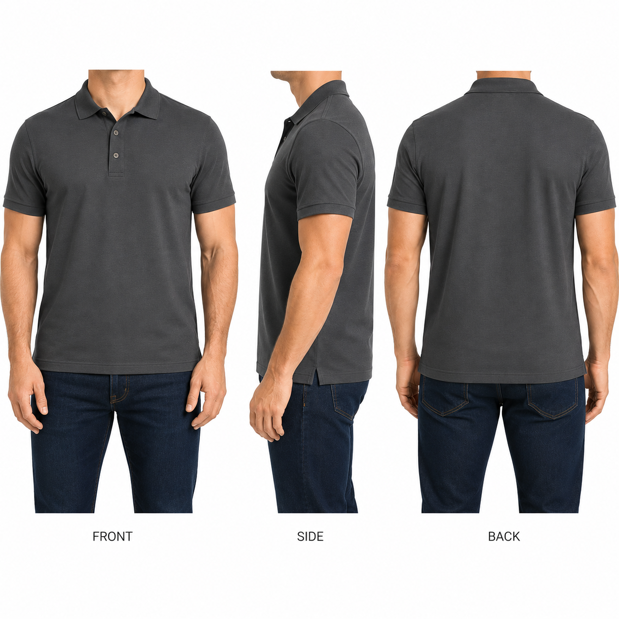 Charcoal classic athletic-fit polo faceless front side and back views