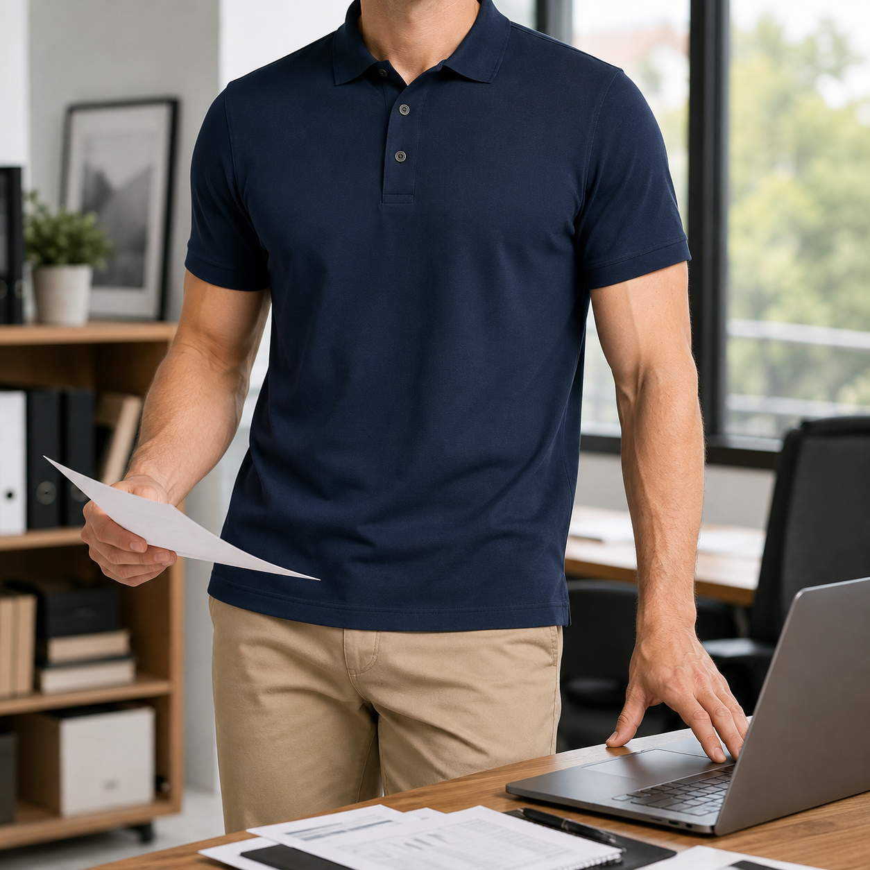 Navy classic athletic-fit polo in a realistic office setting