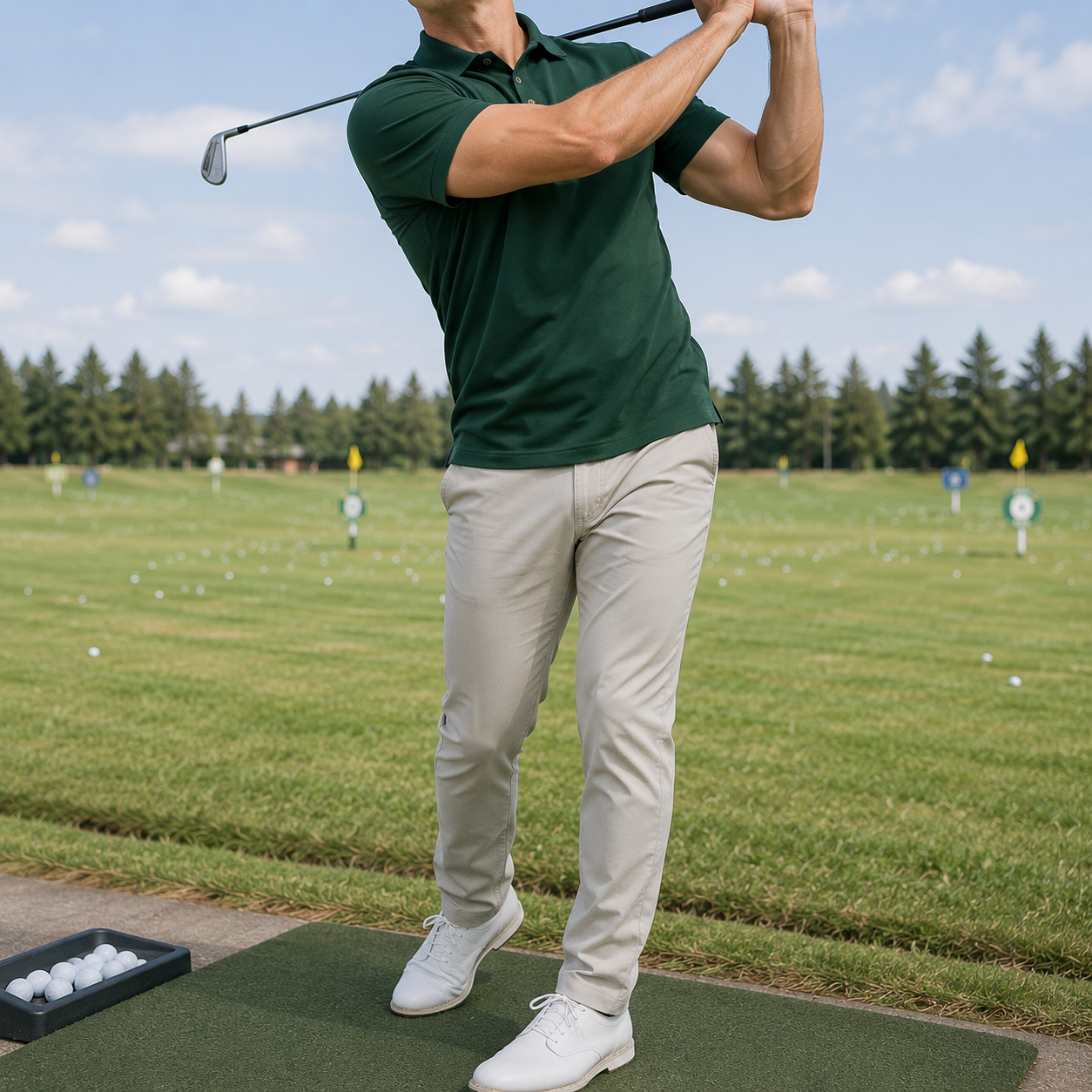 Forest green classic polo shown during a golf swing