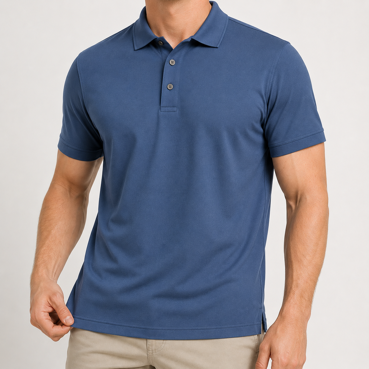 Steel blue classic polo close on-body fit and three-button placket