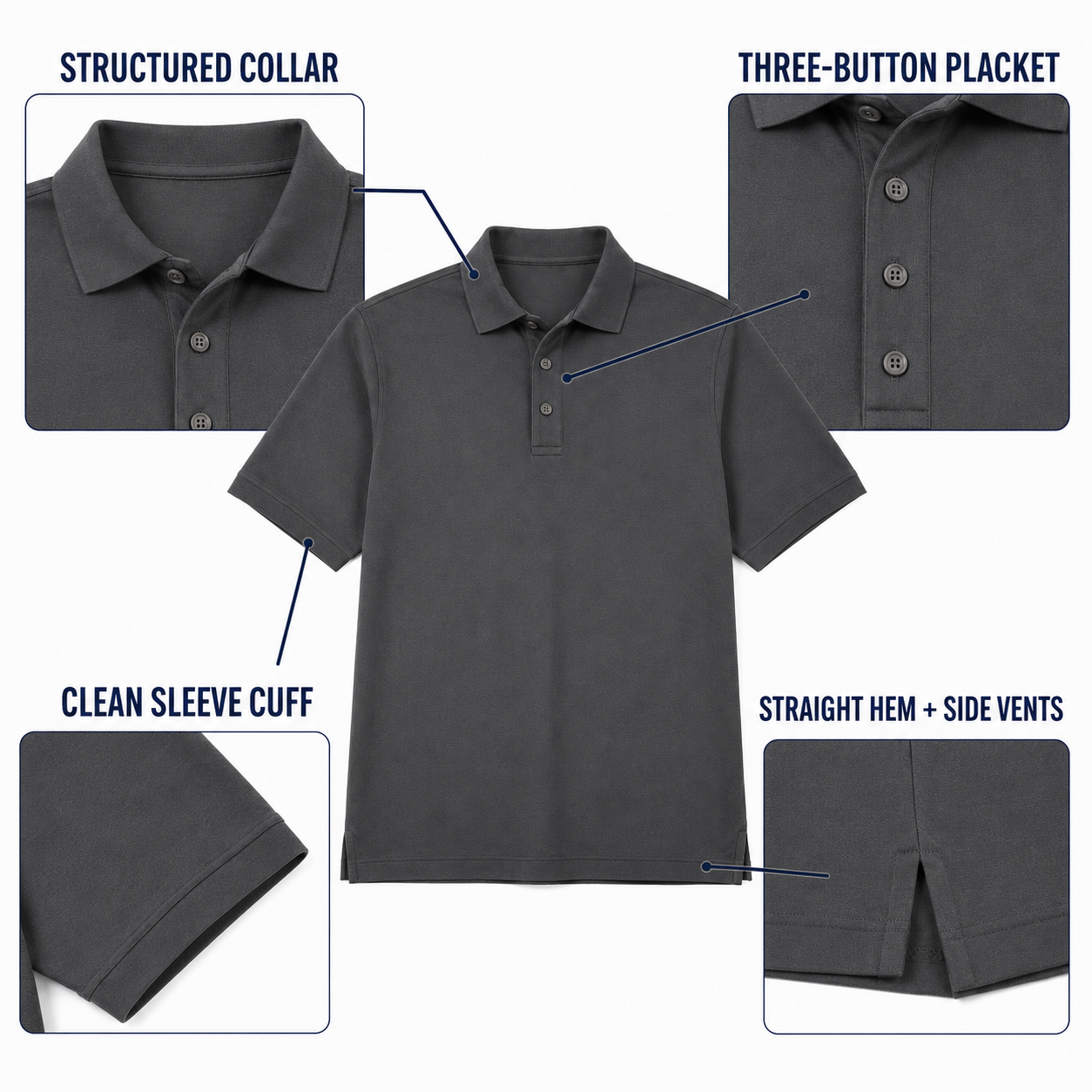 Classic polo structured collar three-button placket cuff and vented hem details