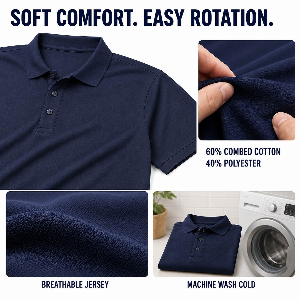 Soft breathable 60 percent combed cotton 40 percent polyester polo material and care