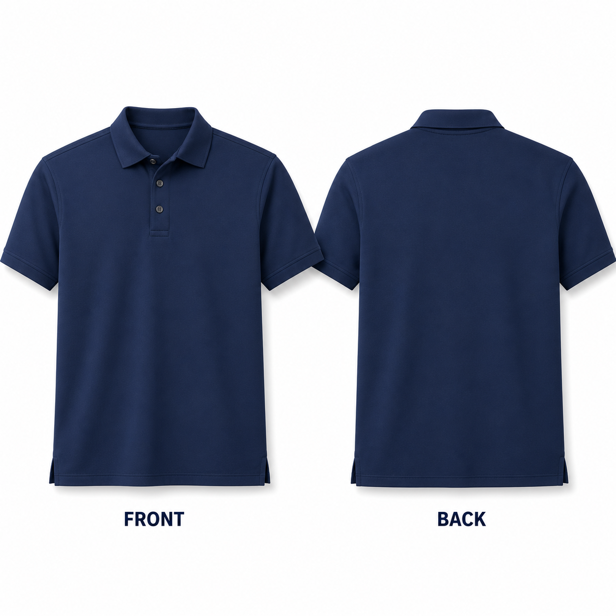 Navy classic three-button polo complete front and back views