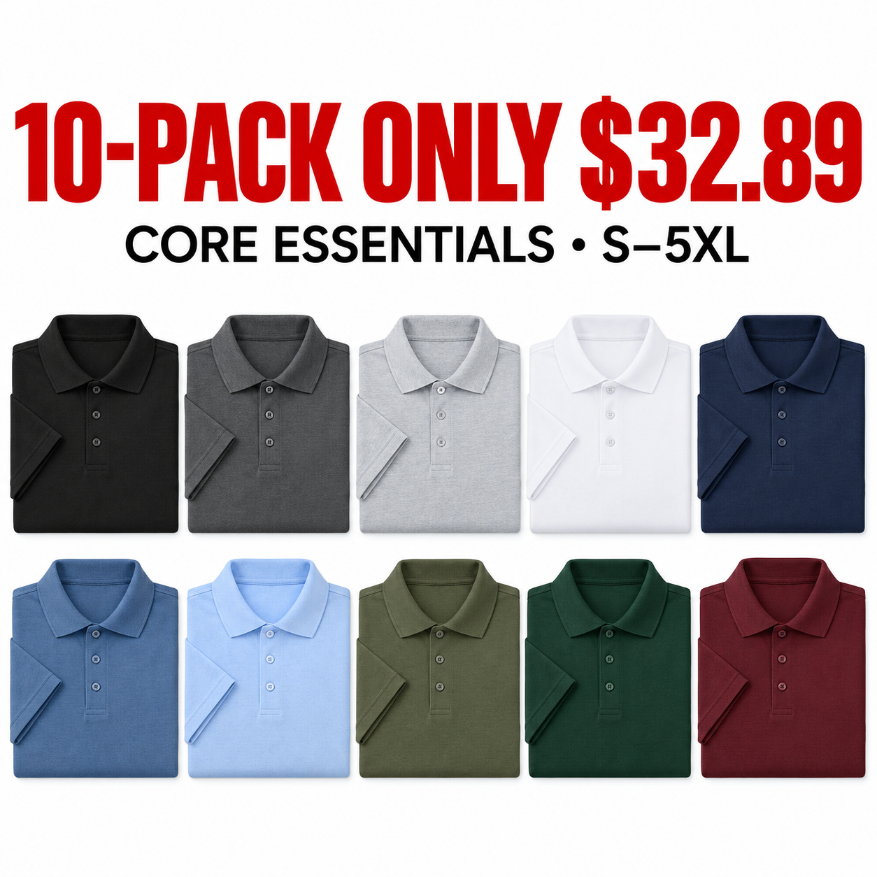 10-Pack Core Essentials classic polo assortment — 10-PACK ONLY $32.89