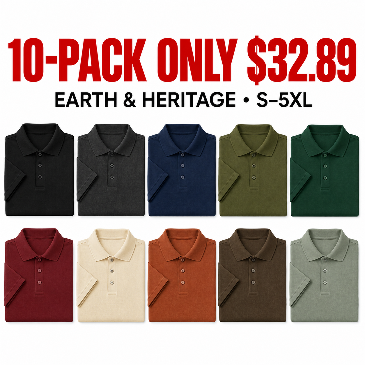 10-Pack Earth and Heritage classic polo assortment — 10-PACK ONLY $32.89