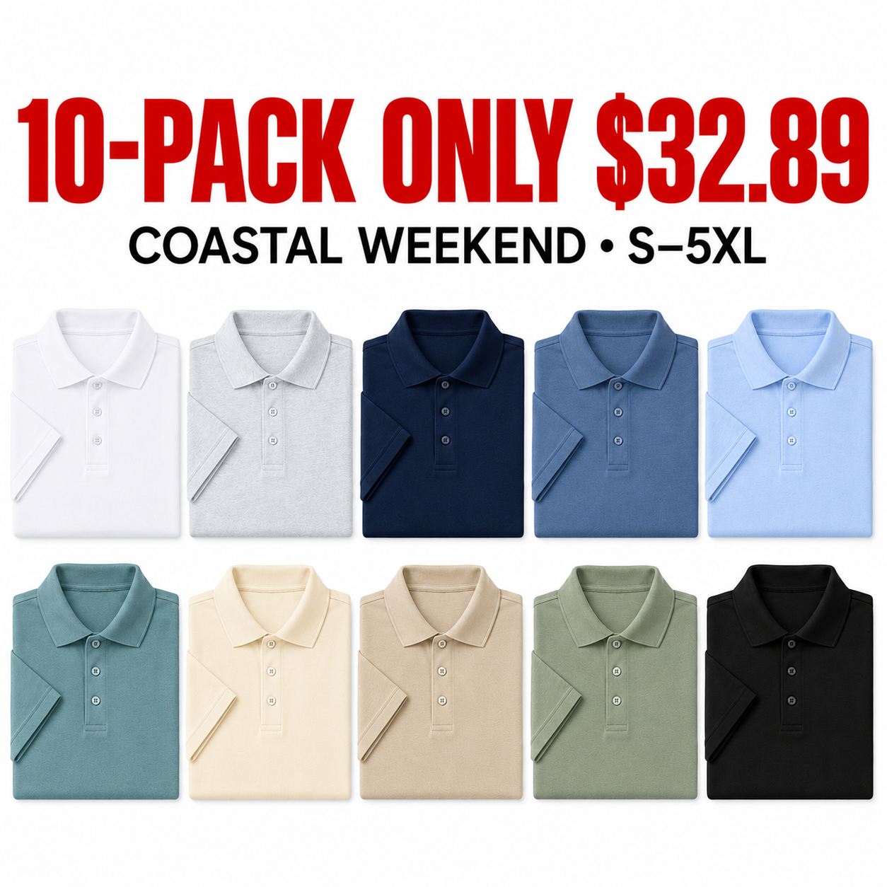 10-Pack Coastal Weekend classic polo assortment — 10-PACK ONLY $32.89