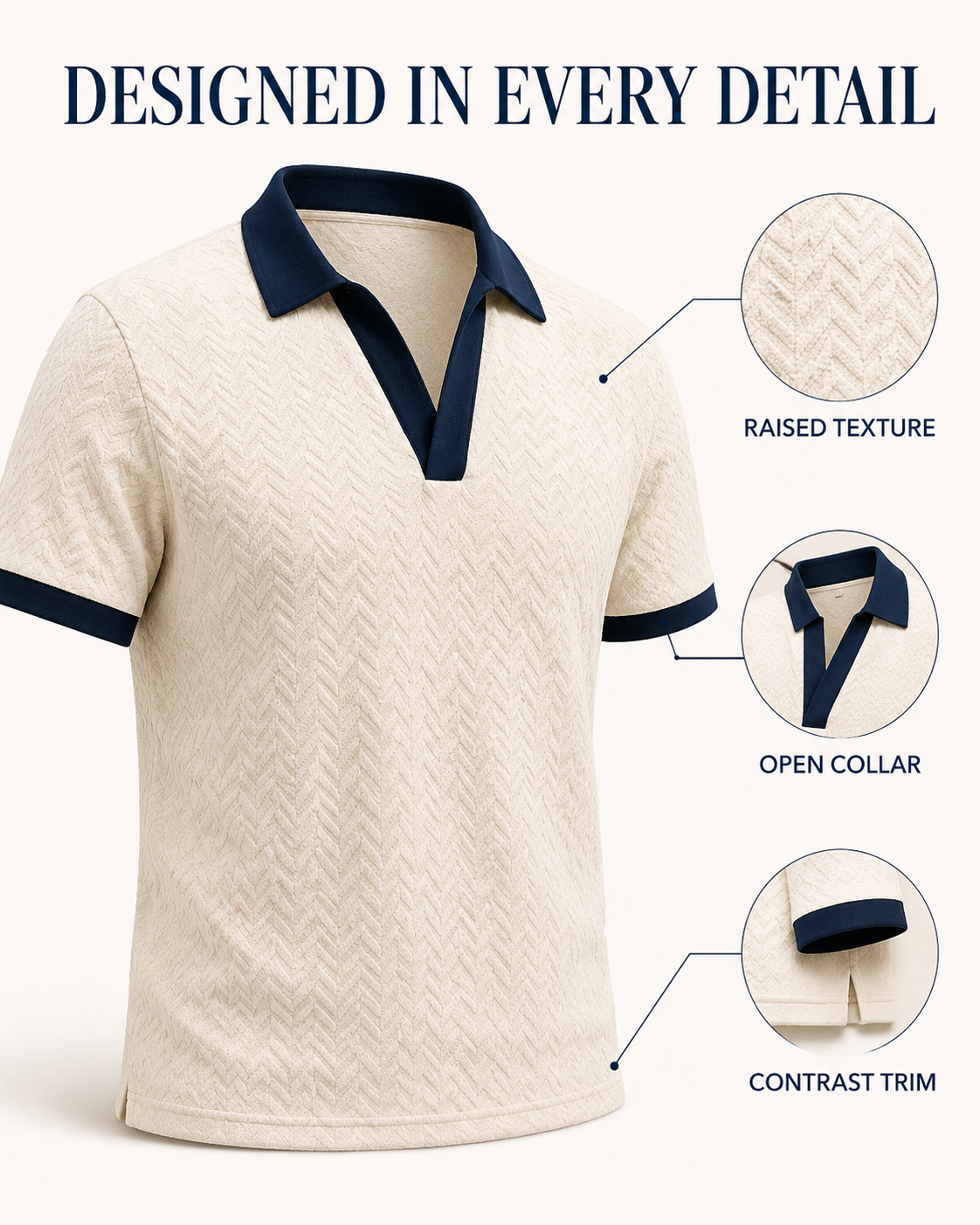 Raised texture open collar contrast trim and straight hem construction
