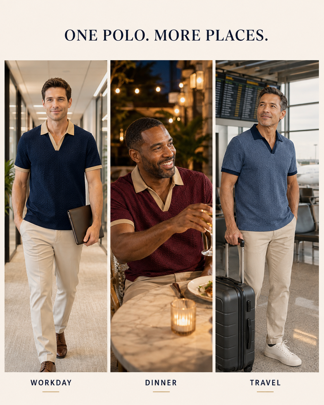 Men's contrast-trim polos for workday dinner and travel