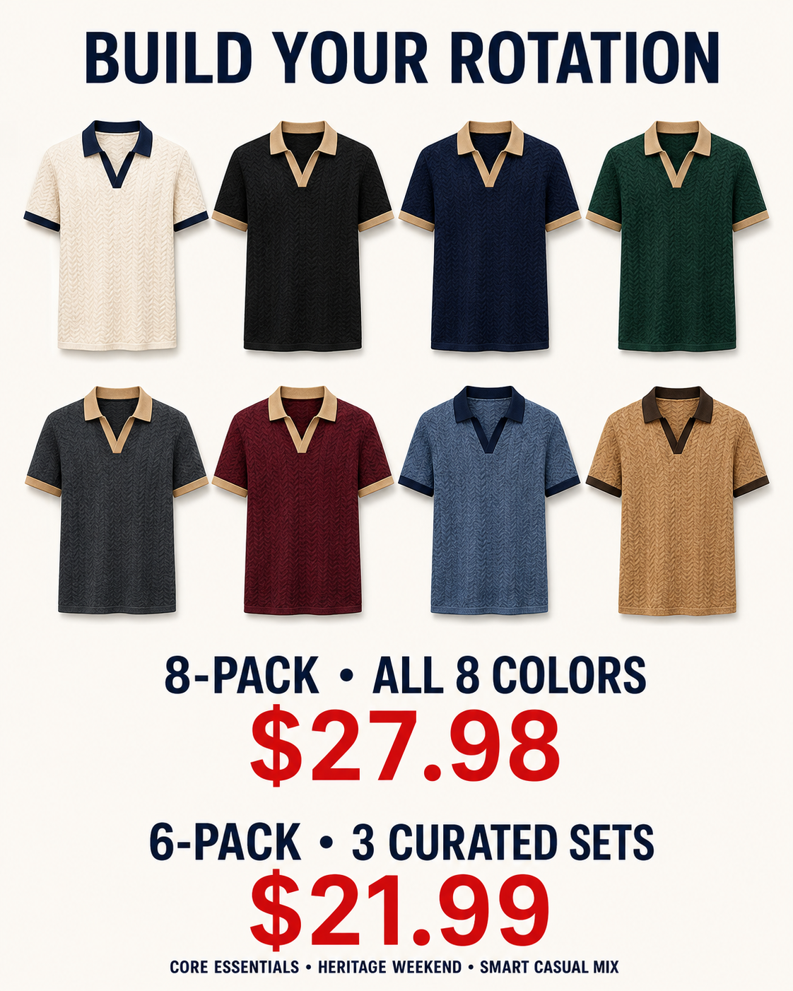 Eight-color 8-Pack and three coordinated 6-Pack polo rotations with current prices