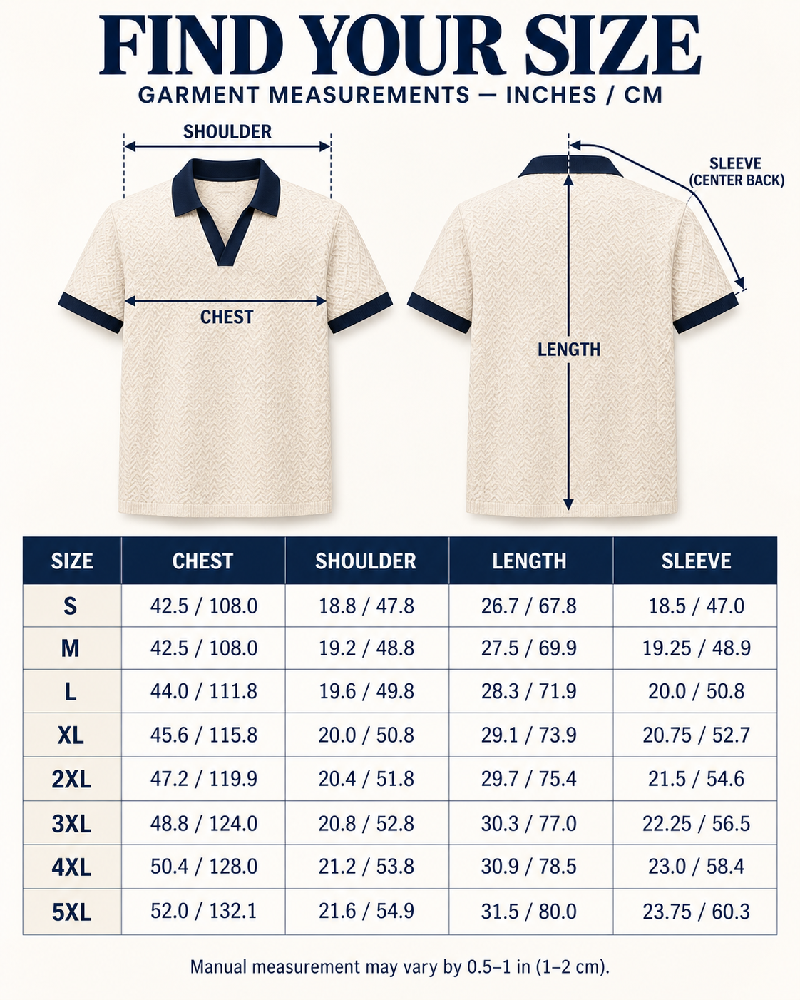 Garment measurement size chart for textured short-sleeve polos S through 5XL