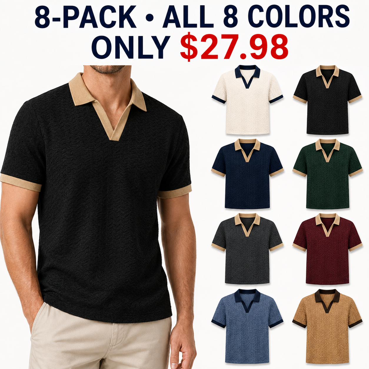 Men's textured contrast-trim polo 8-Pack All 8 Colors — Only $27.98