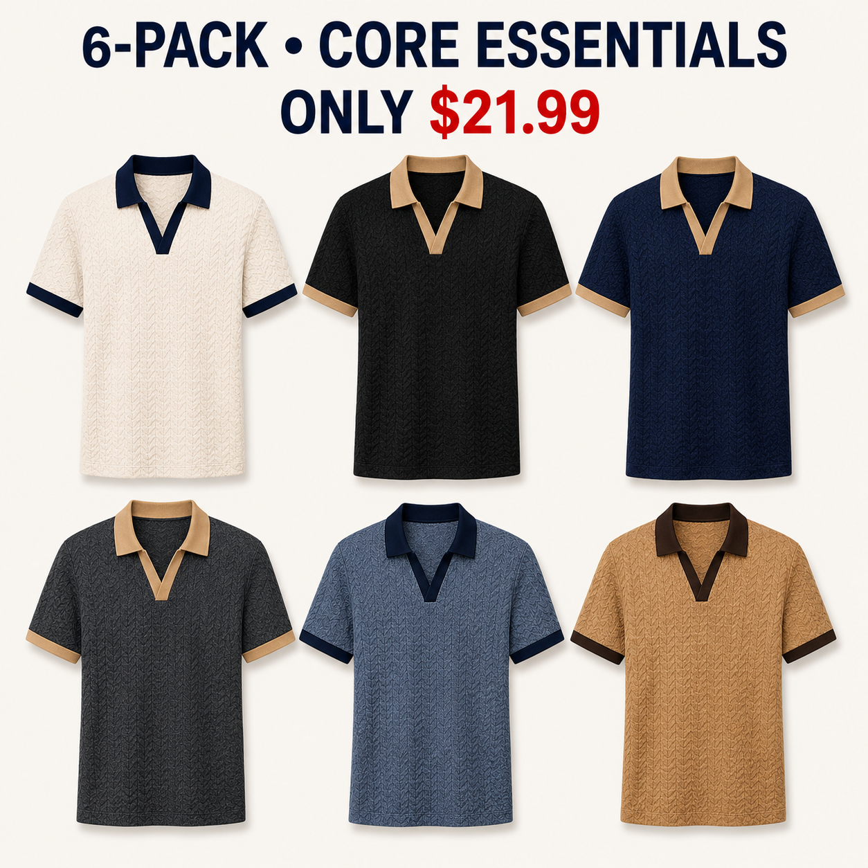 Men's textured contrast-trim polo 6-Pack A Core Essentials — Only $21.99