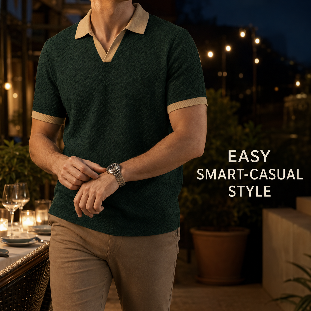 Men's forest green contrast-trim polo styled for casual dinner