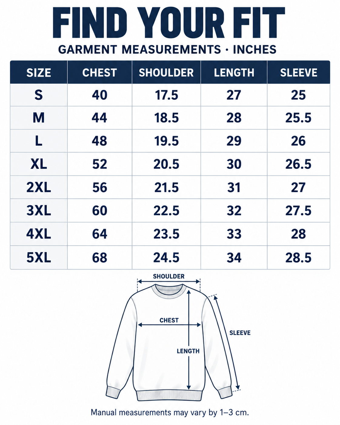 S to 5XL garment measurements in inches with measurement diagram