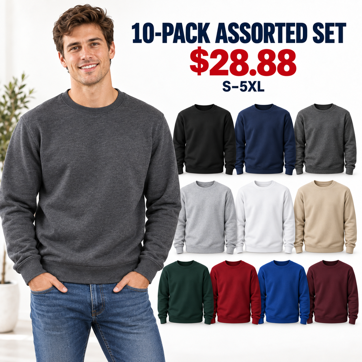 10-Pack Assorted Set of men's 100% cotton fleece crewneck sweatshirts, young model, ten colors, $28.88, S-5XL