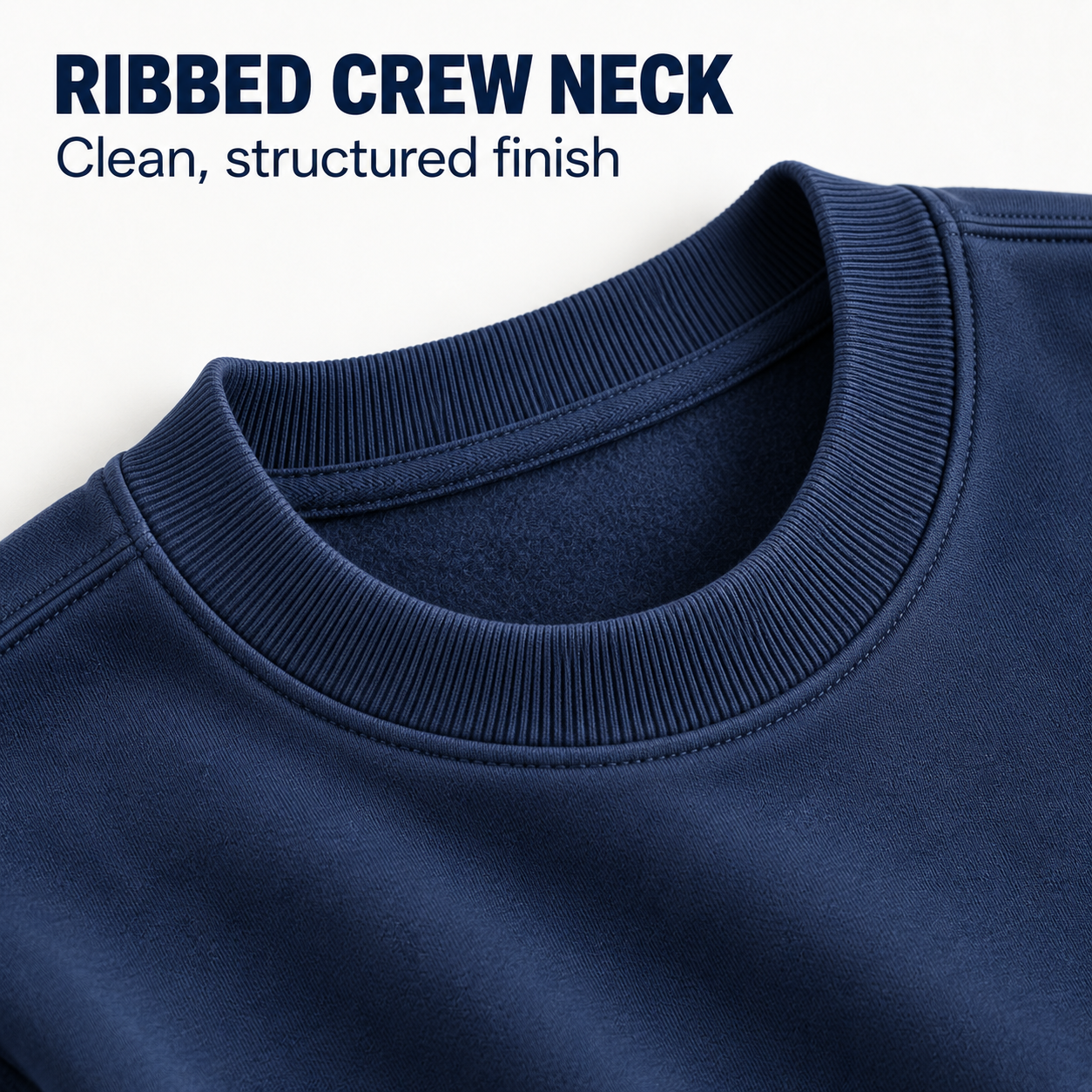 Navy ribbed crew neck construction and stitching detail