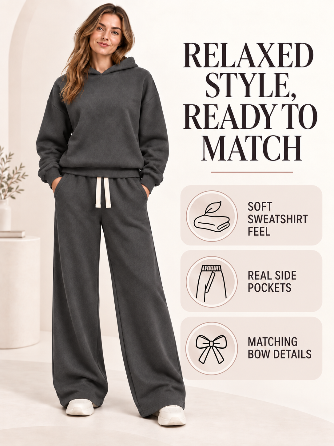 Relaxed charcoal set with soft sweatshirt feel, real side pockets and matching bow details