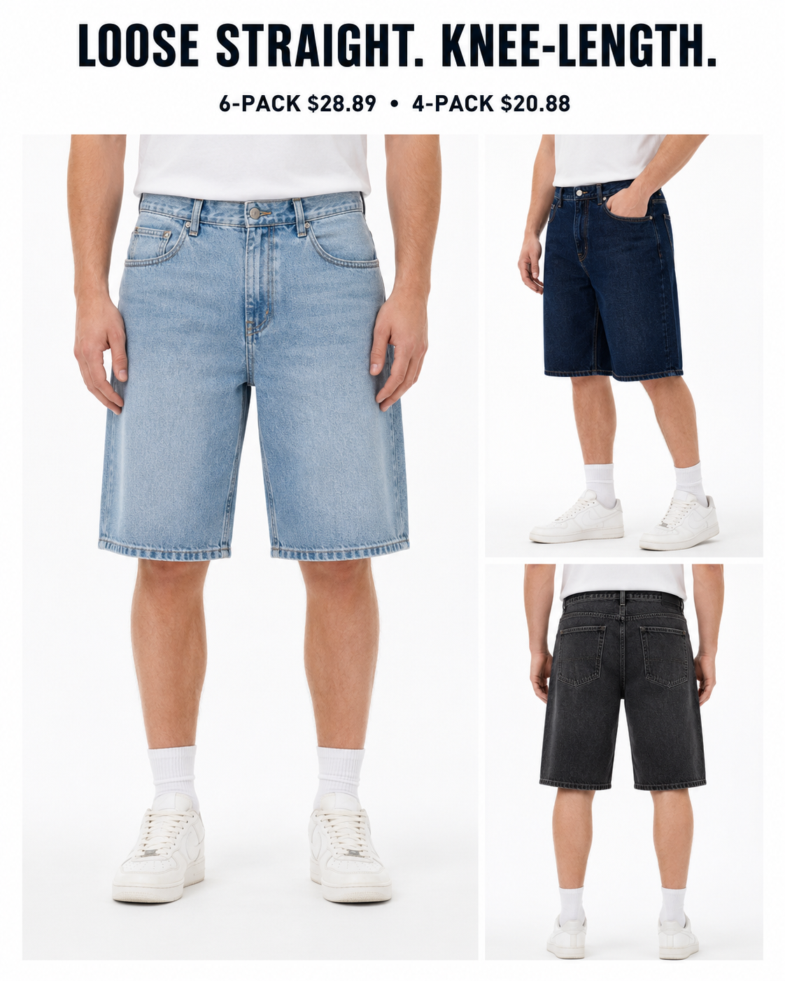 Loose straight knee-length denim shorts fit and multipack value