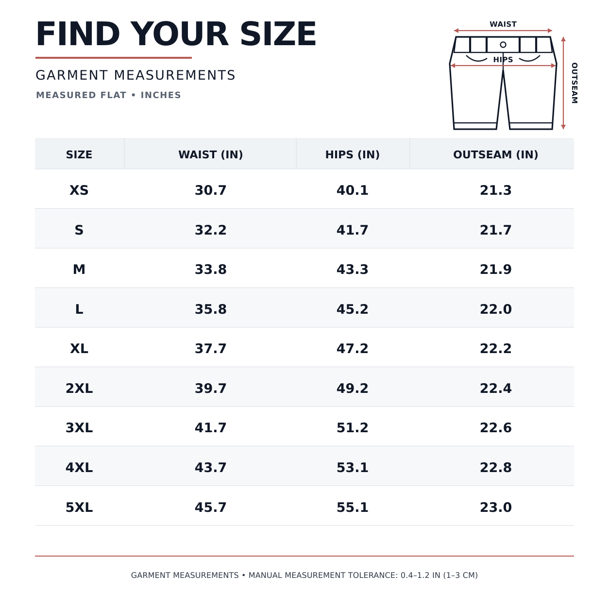 Denim shorts garment measurement size chart XS through 5XL