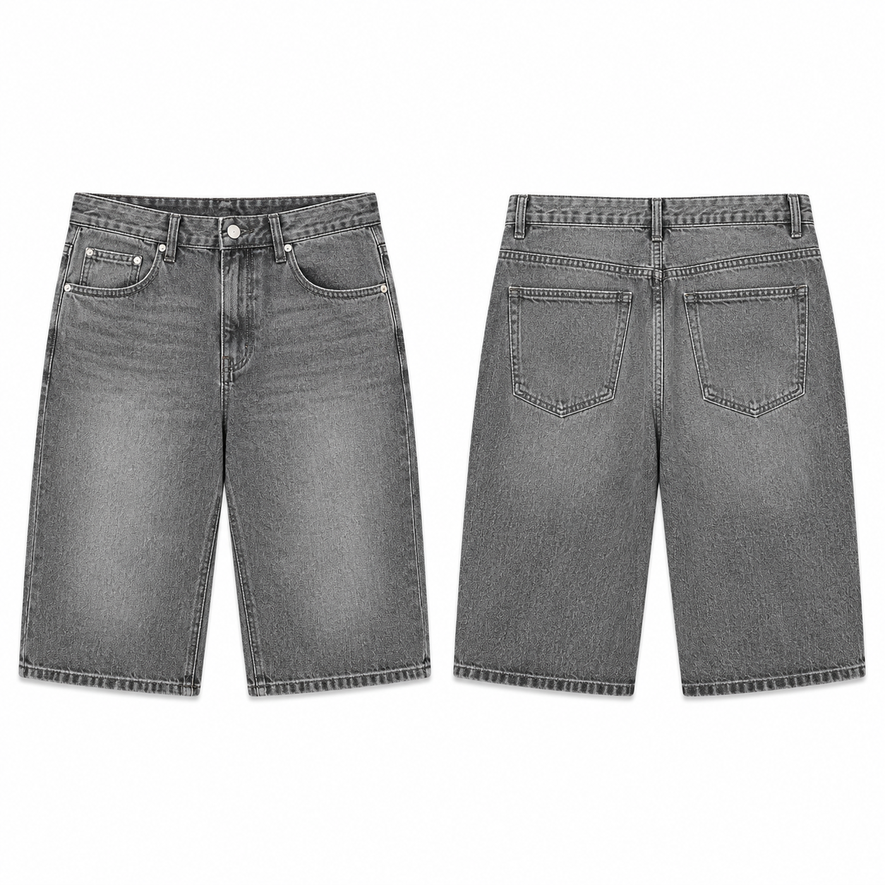 Washed Gray loose straight denim shorts front and back
