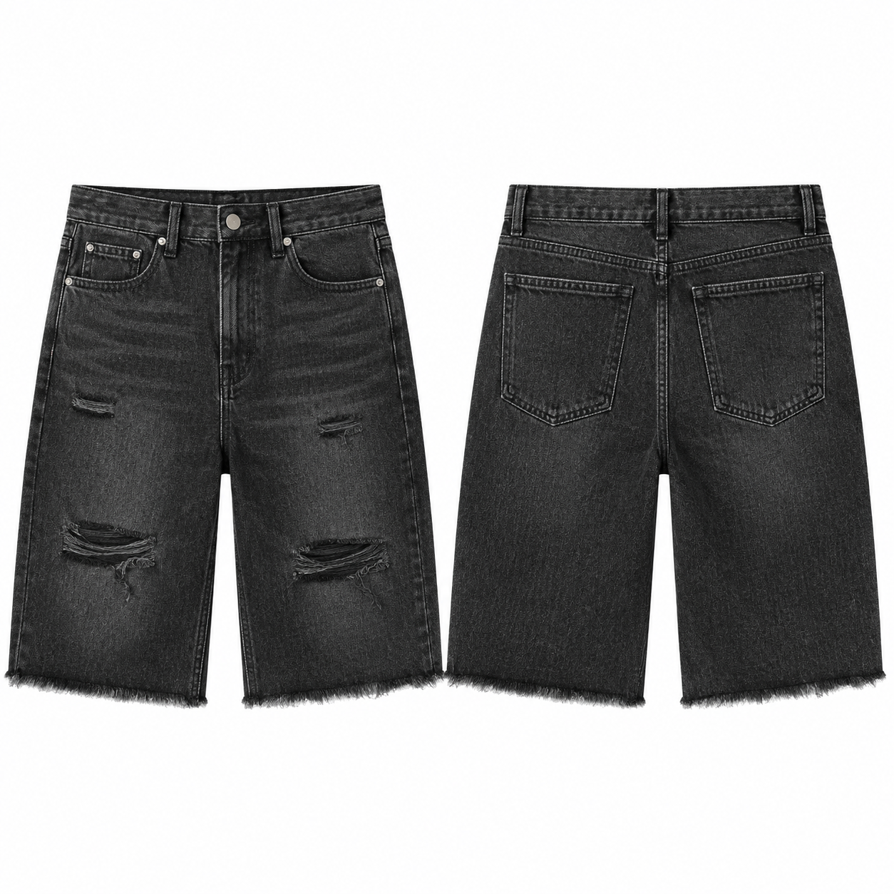 Distressed Charcoal denim shorts front and back with rips and frayed hem