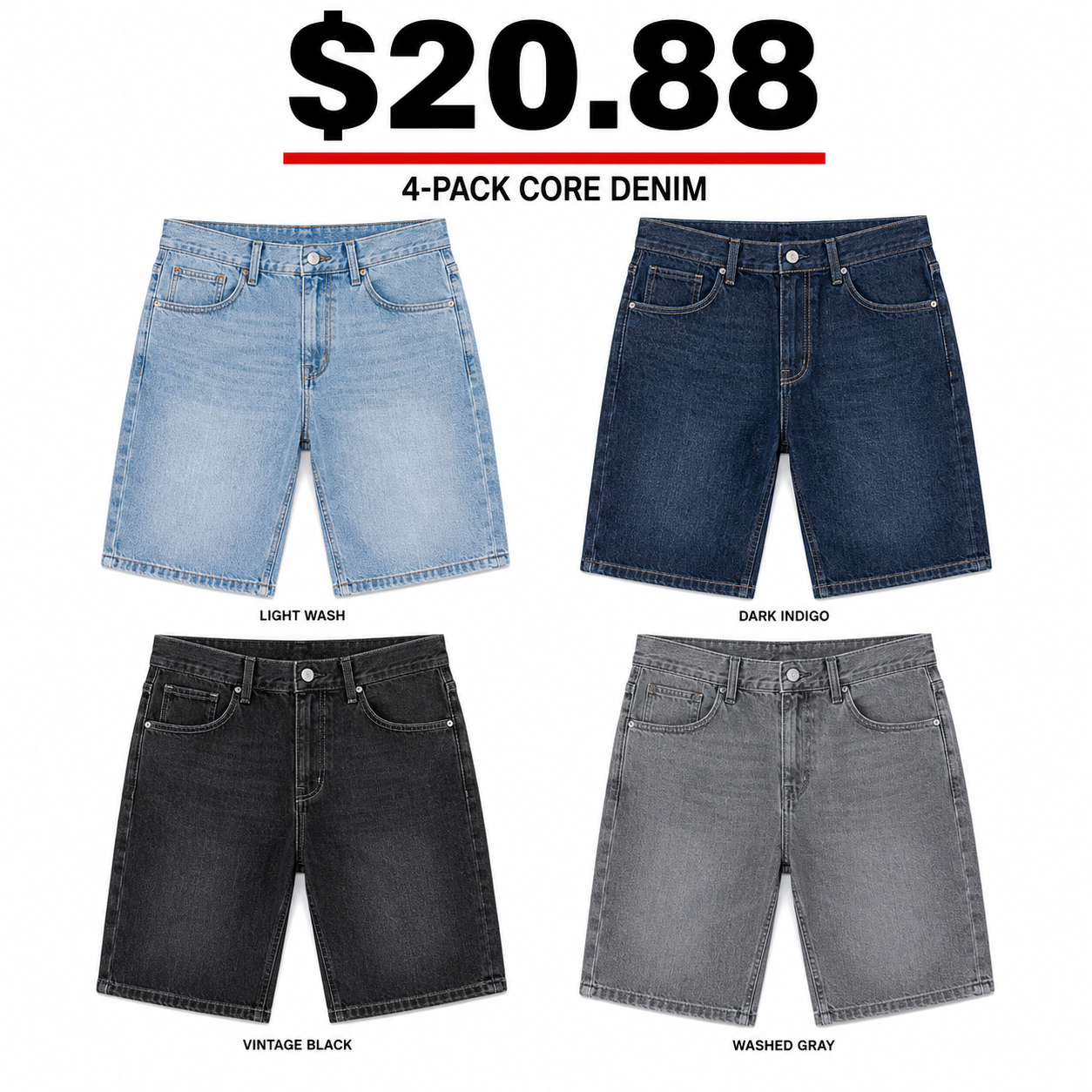 4-Pack Core Denim shorts — $20.88