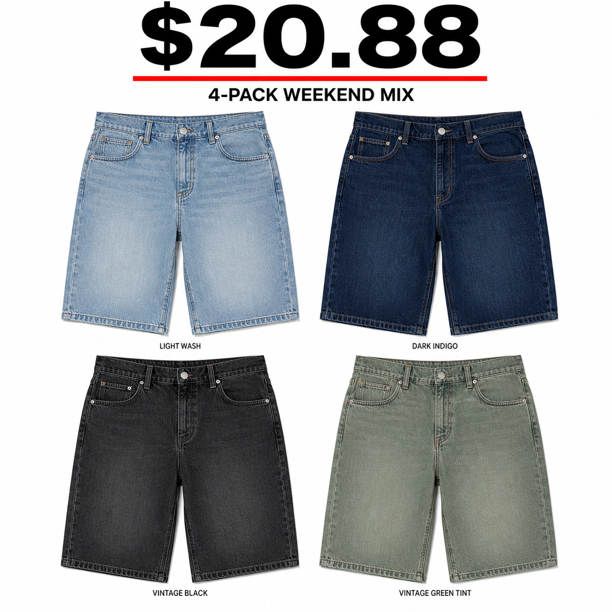 4-Pack Weekend Mix denim shorts — $20.88