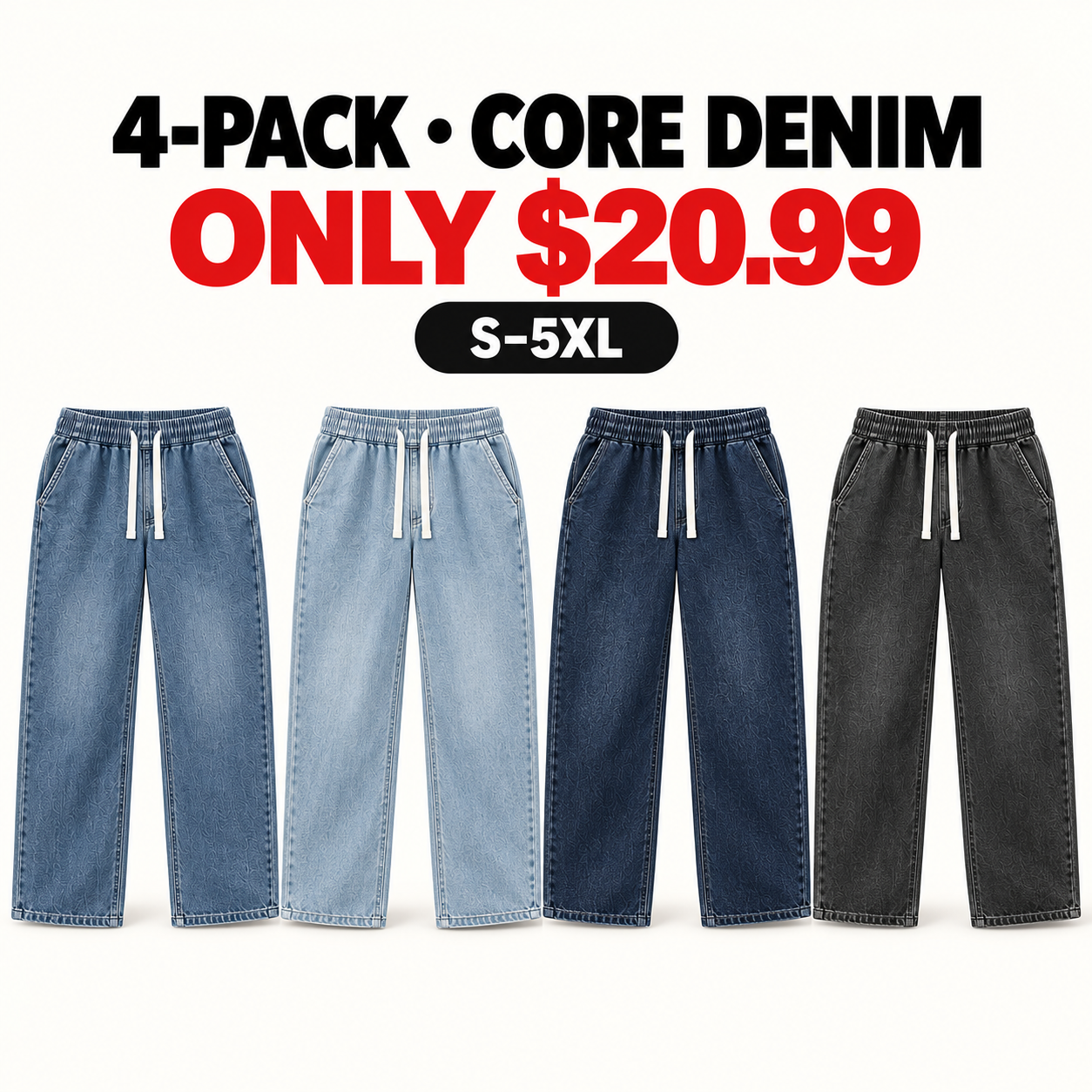 Four relaxed drawstring jeans in one row, 4-Pack Core Denim, $20.99