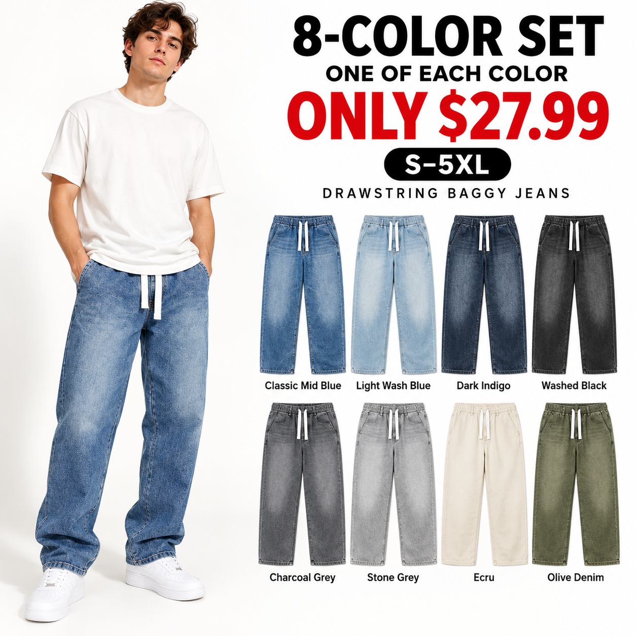 Eight-color set of men relaxed drawstring baggy jeans, 8-Pack All Colors, $27.99