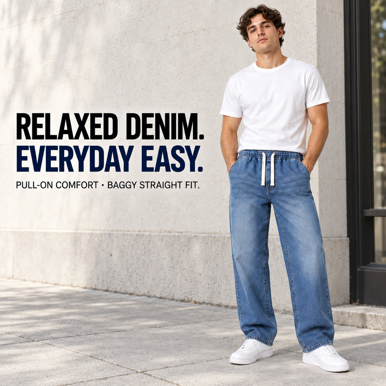 Street-style fit of relaxed drawstring baggy jeans