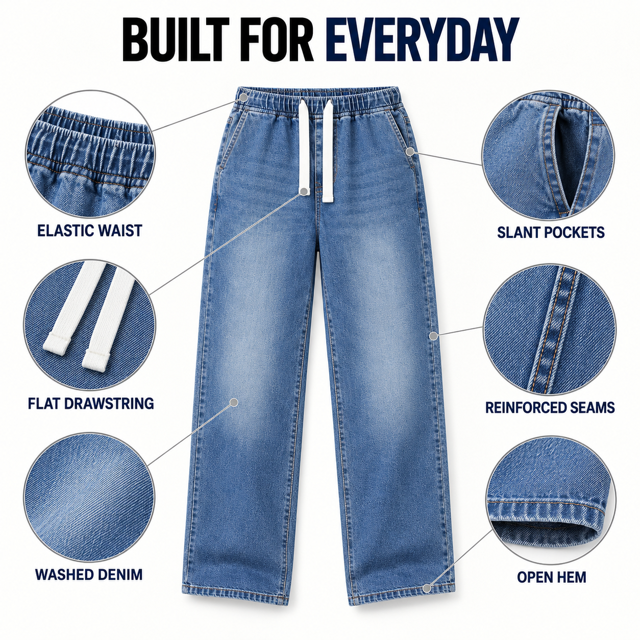 Elastic waist, drawstring, side pocket, rear patch pocket, denim texture and open hem details