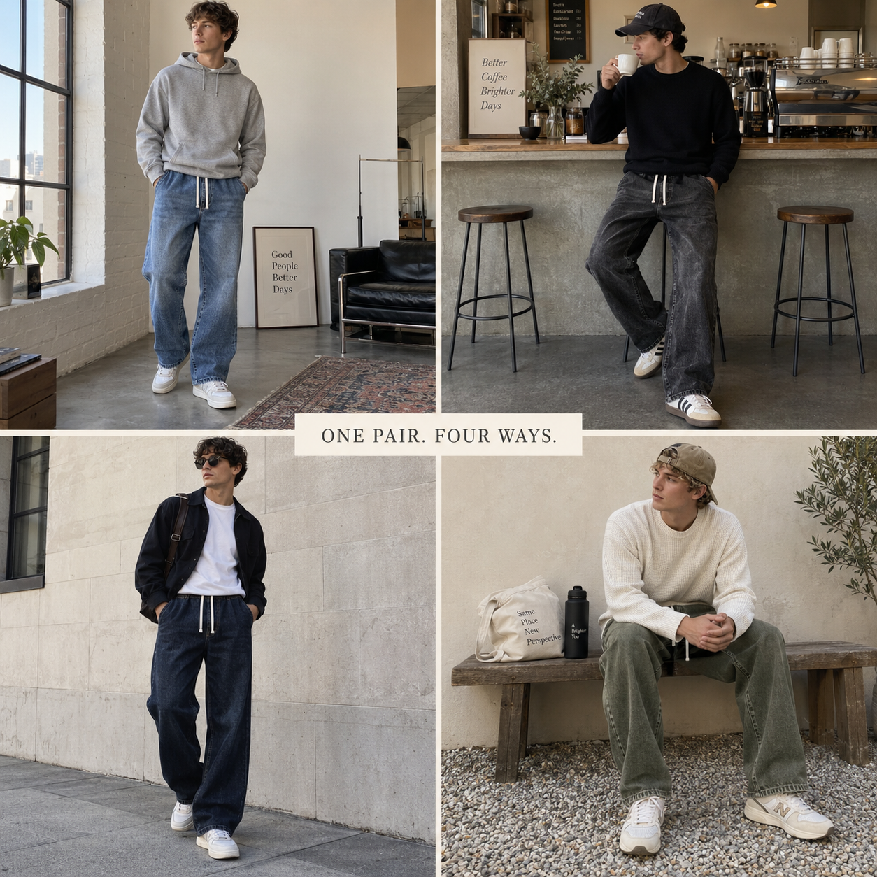 Four everyday styling scenes for relaxed drawstring jeans
