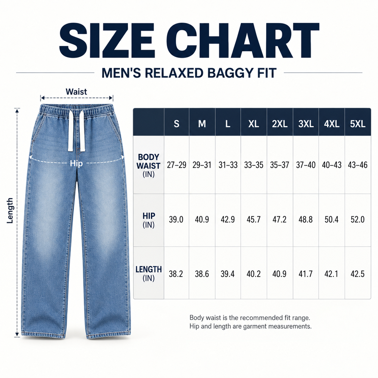 S to 5XL drawstring jeans size chart in inches