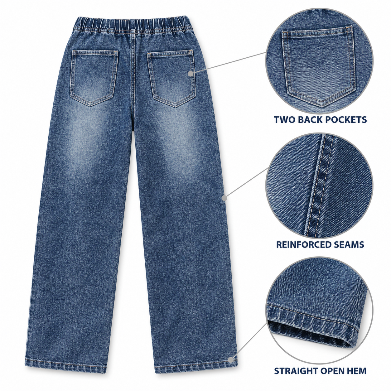 Complete relaxed drawstring jeans with enlarged rear patch pocket, seam and straight open hem details
