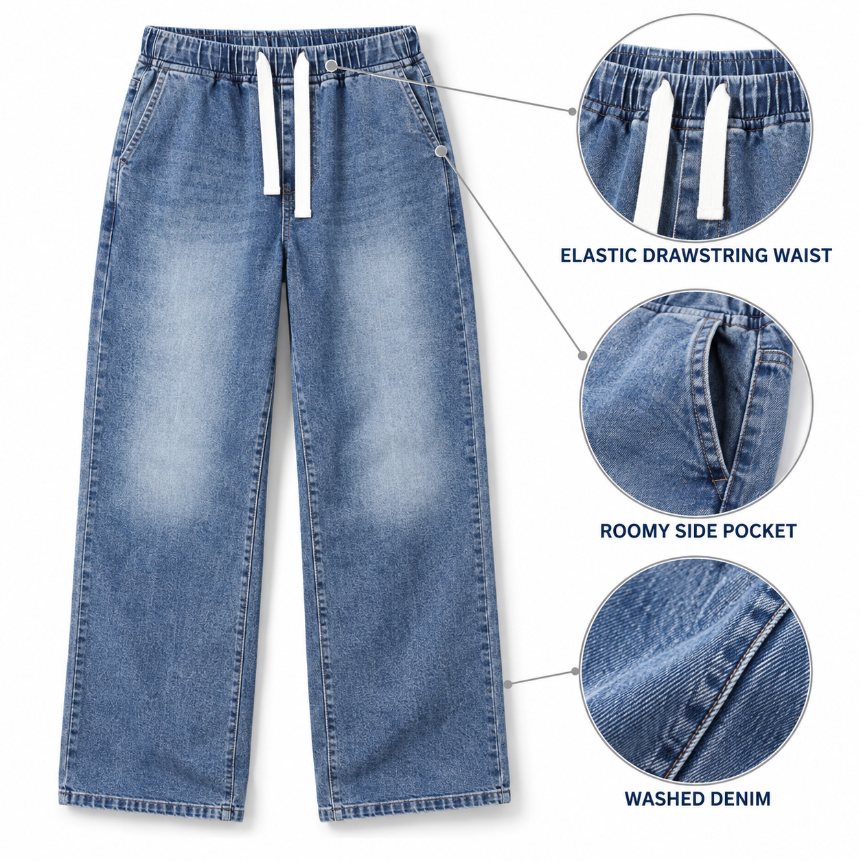 Complete relaxed drawstring jeans with enlarged elastic waist, drawstring, side pocket and denim texture details
