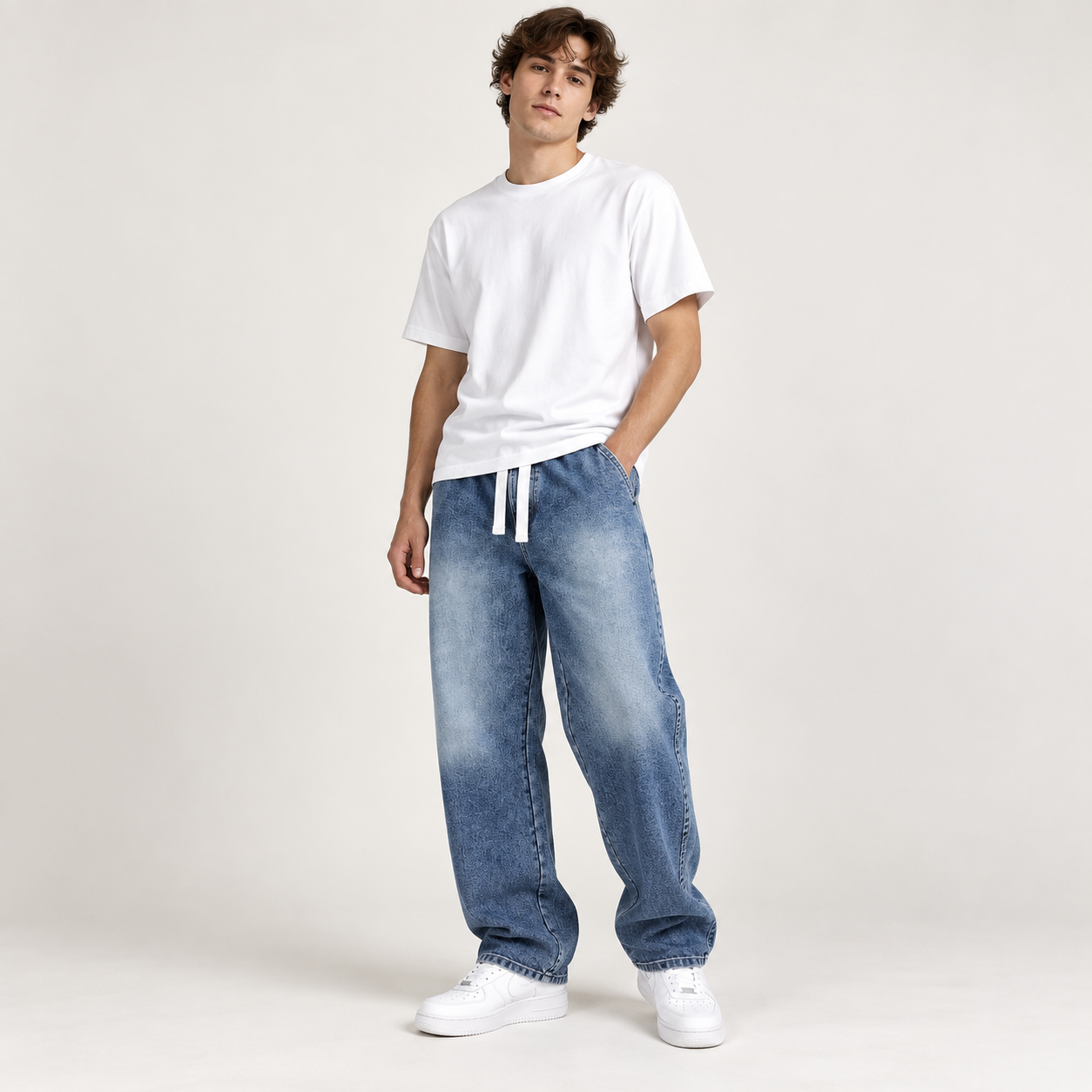 Male model wearing Classic Mid Blue relaxed drawstring baggy jeans, front fit