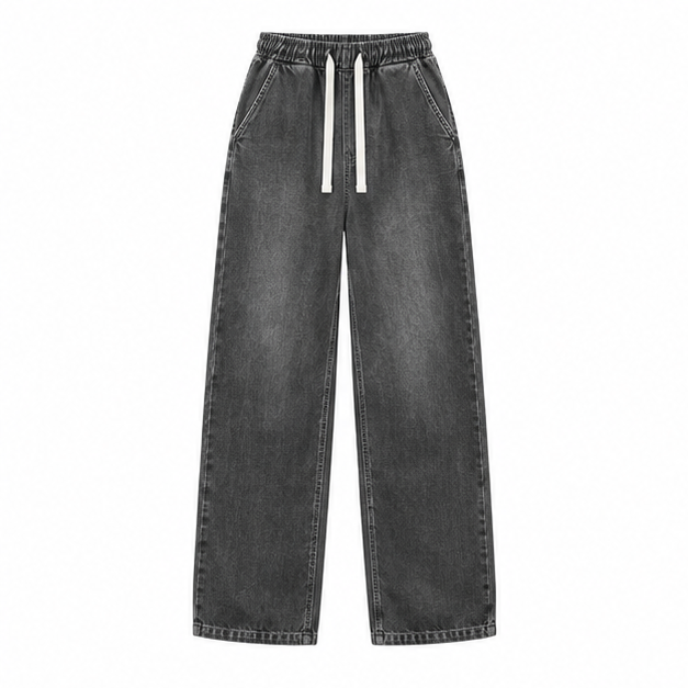 Charcoal Grey relaxed drawstring baggy jeans, front product view