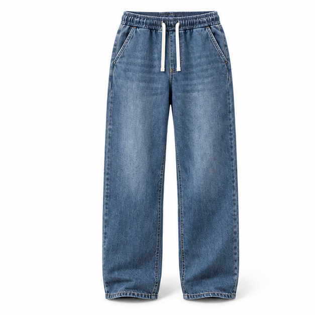 Classic Mid Blue relaxed drawstring baggy jeans, front product view