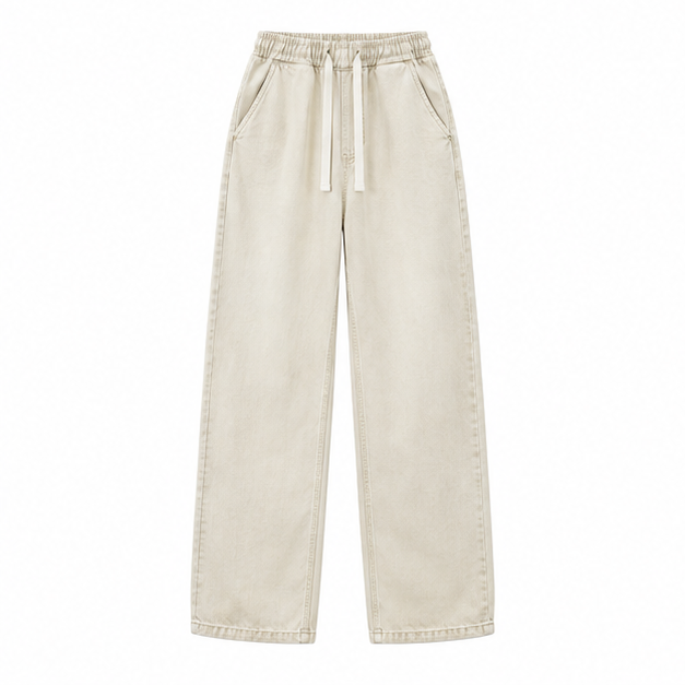 Ecru relaxed drawstring baggy jeans, front product view