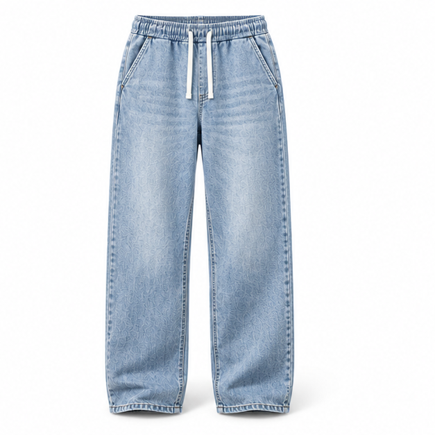 Light Wash Blue relaxed drawstring baggy jeans, front product view