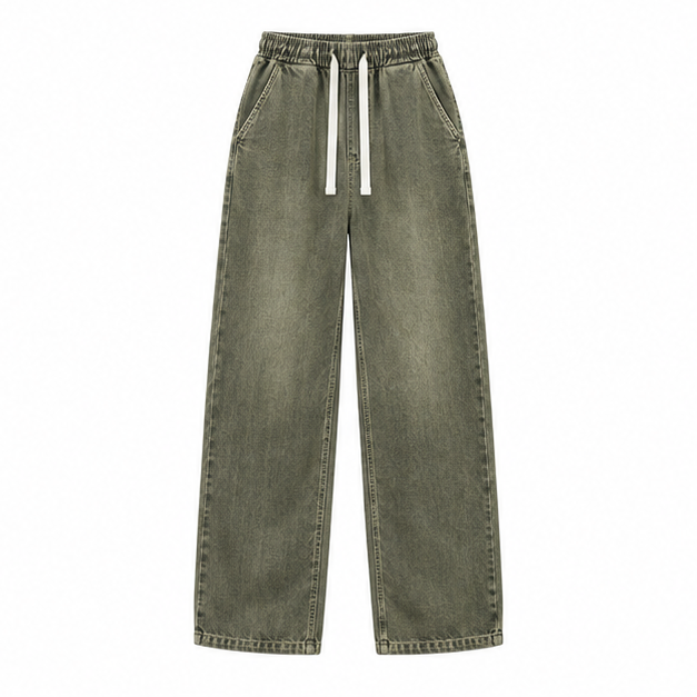 Olive Denim relaxed drawstring baggy jeans, front product view