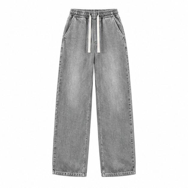 Stone Grey relaxed drawstring baggy jeans, front product view