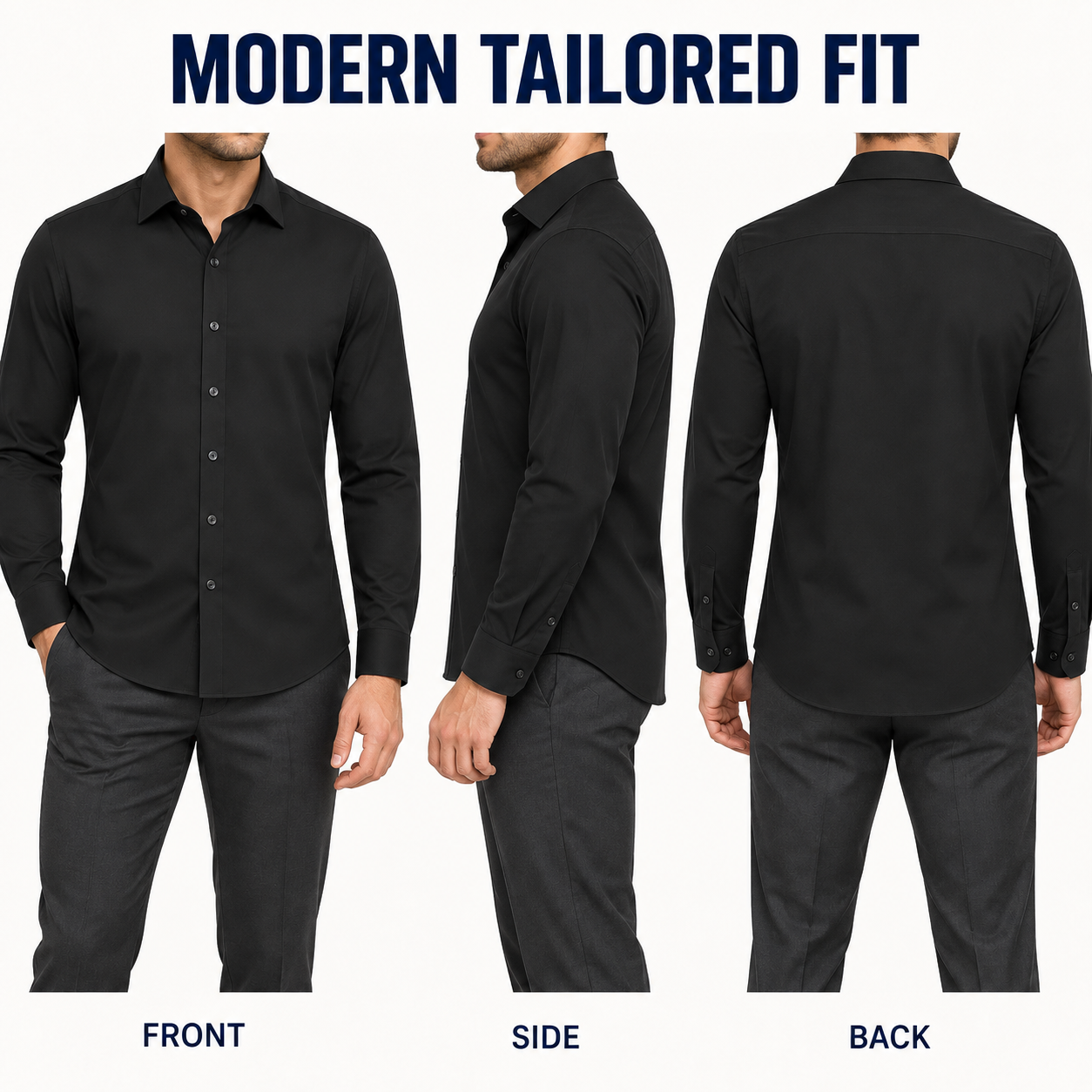 Black stretch dress shirt modern tailored fit, front side and back