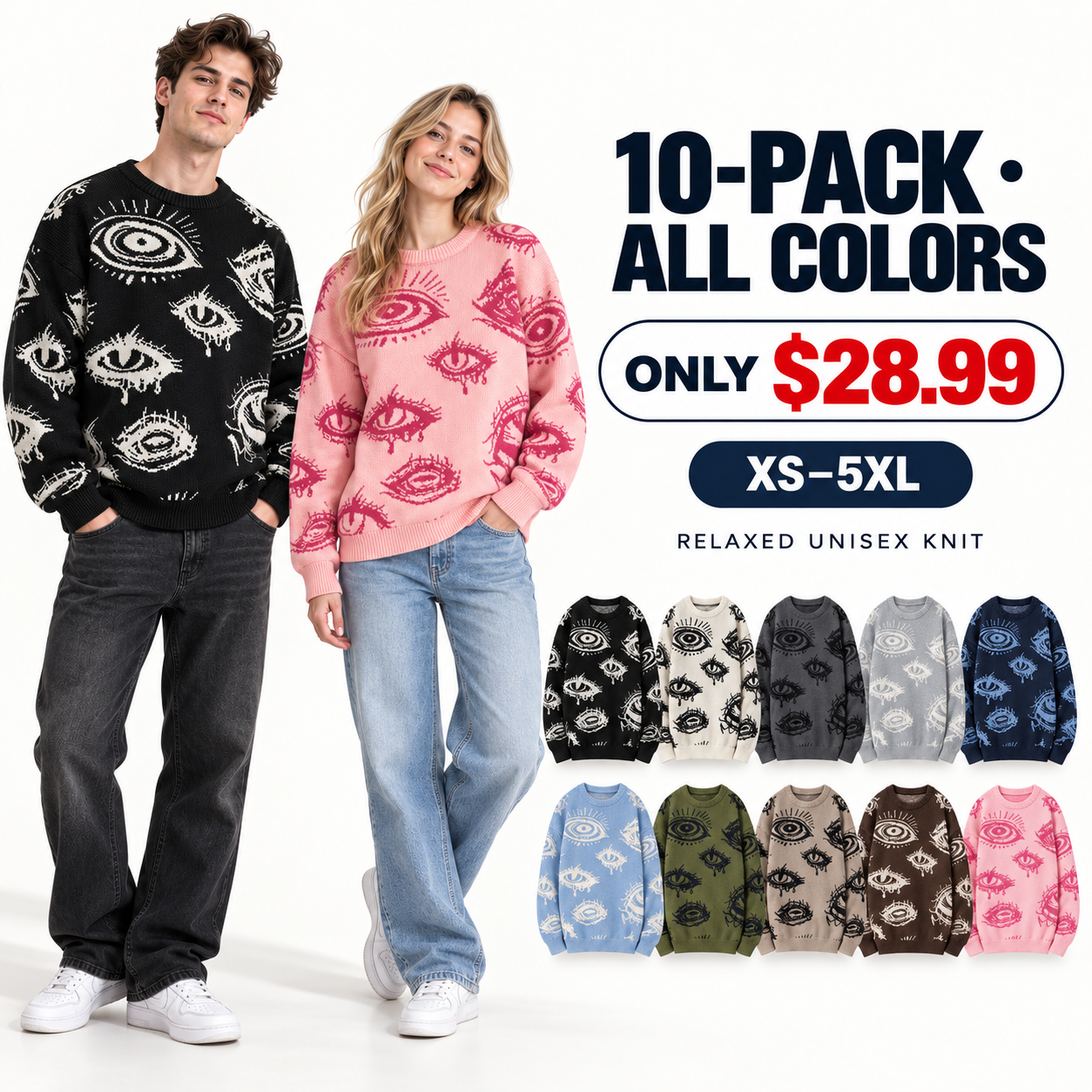 Ten-color set of unisex eye graphic crewneck knit sweaters with male and female models, 10-Pack All Colors, $28.99