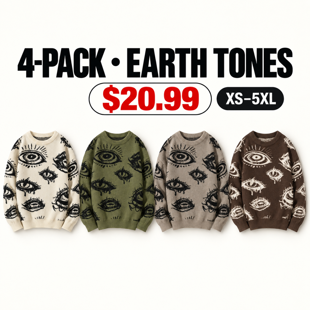 Ivory, Olive Green, Taupe and Coffee Brown eye graphic sweaters, 4-Pack Earth Tones, $20.99